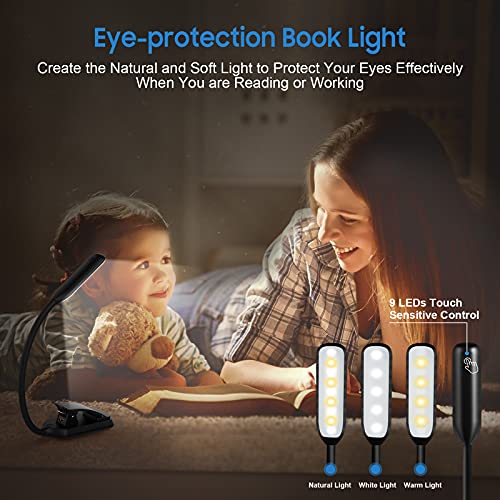 9 LED Luz de Lectura, Lampara Lectura Recargable con Sensor Táctil, 3 Modos de Brillo Ajustable (Luz Cálido y Blanco), Luz Pinza Libro para Lectores Noche, E-Reader, Estudio, Cama, Tablet, Kindle