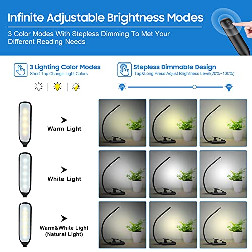 9 LED Luz de Lectura, Lampara Lectura Recargable con Sensor Táctil, 3 Modos de Brillo Ajustable (Luz Cálido y Blanco), Luz Pinza Libro para Lectores Noche, E-Reader, Estudio, Cama, Tablet, Kindle