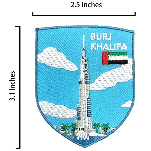 A-ONE Paquete de 2 piezas - Dubai Burj Khalifa Bordado+Parche de bandera de los EAU, Arquitectura más alta, Rascador de cielo, Dubai Landmark, Lugar turístico árabe NO.255C