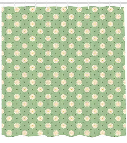 ABAKUHAUS Retro Cortina de Baño, Plantas del Resorte Yard, Material Resistente al Agua Durable Estampa Digital, 175 x 200 cm, Verde pálido Amarillo Crema