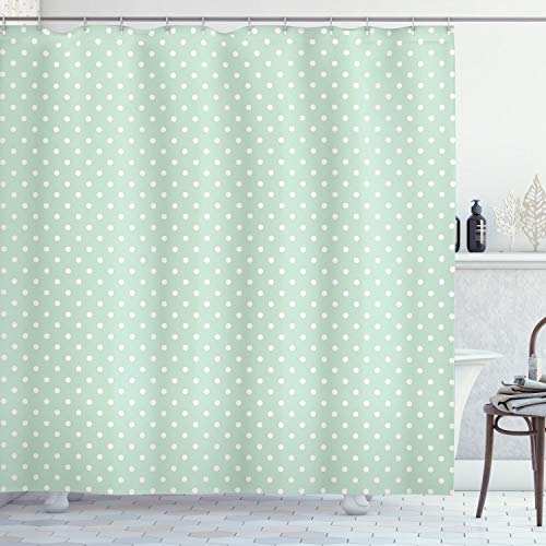 ABAKUHAUS Verde Cortina de Baño, Poco Retro de los Lunares, Material Resistente al Agua Durable Estampa Digital, 175 x 180 cm, Verde Menta Blanca