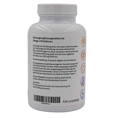 Aceite de pescado - 120 cápsulas, 700 mg omega-3 EPAX© ultra puro, triglicéridos, 400 mg de EPA, 200 mg de DHA, destilados molecularmente para obtener la máxima pureza, aceite de pescado certificado