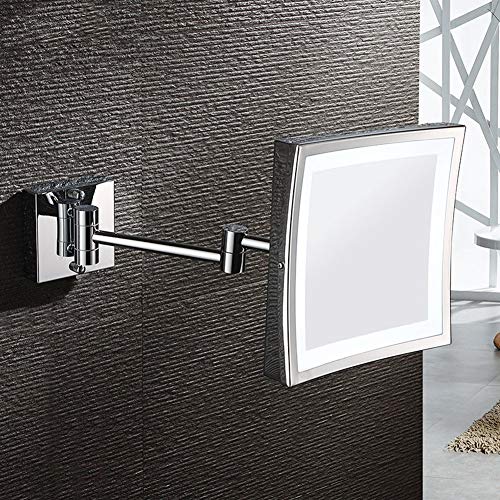 AECHOO - Espejo montado en pared para maquillarse y afeitarse, con luz LED, diseño de lujo, para hotel o tocador, ajustable y extensible, cuadrado, superficie de 21,6 cm, 5 aumentos, acabado cromado