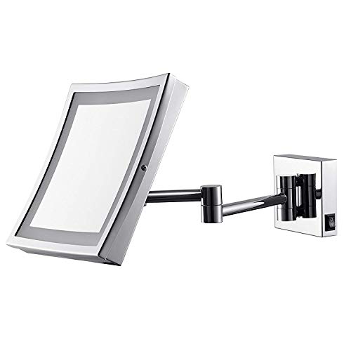 AECHOO - Espejo montado en pared para maquillarse y afeitarse, con luz LED, diseño de lujo, para hotel o tocador, ajustable y extensible, cuadrado, superficie de 21,6 cm, 5 aumentos, acabado cromado