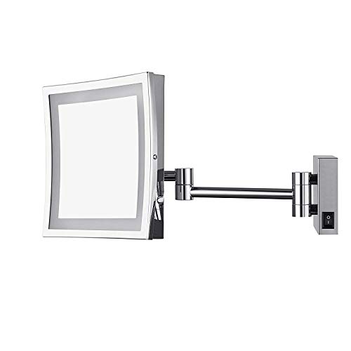 AECHOO - Espejo montado en pared para maquillarse y afeitarse, con luz LED, diseño de lujo, para hotel o tocador, ajustable y extensible, cuadrado, superficie de 21,6 cm, 5 aumentos, acabado cromado