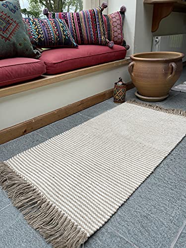 Alfombra Colva Fino Dos Tonos Natural Avena Rayas Beige Tejido Plano De Hilo De Yute De Algodón 60cm x 90cm