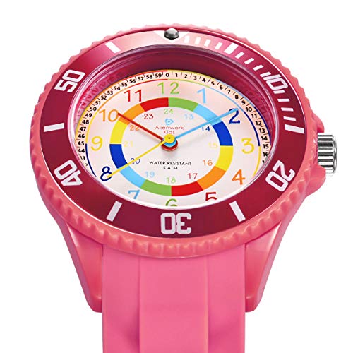 Alienwork Kids Reloj de Aprendizaje Infantil Niña Rosa Pulsera de Silicona Abigarrado niños Impermeable 5 ATM Tiempo de Aprender