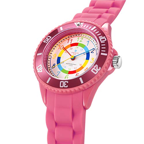 Alienwork Kids Reloj de Aprendizaje Infantil Niña Rosa Pulsera de Silicona Abigarrado niños Impermeable 5 ATM Tiempo de Aprender