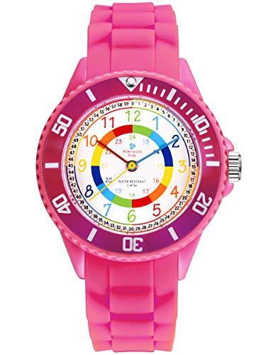 Alienwork Kids Reloj de Aprendizaje Infantil Niña Rosa Pulsera de Silicona Abigarrado niños Impermeable 5 ATM Tiempo de Aprender