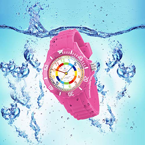 Alienwork Kids Reloj de Aprendizaje Infantil Niña Rosa Pulsera de Silicona Abigarrado niños Impermeable 5 ATM Tiempo de Aprender