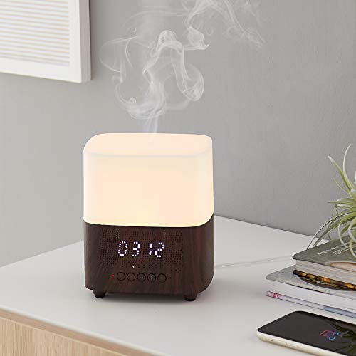 Amazon Basics Difusor de aceites esenciales ultrasónico para aromaterapia, 300 ml, con altavoz Bluetooth y reloj despertador, base con acabado de madera oscura