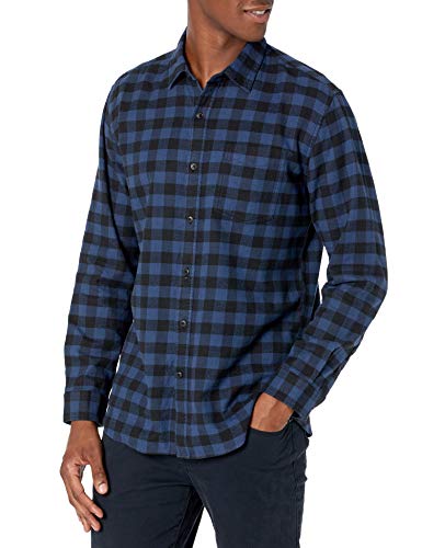 Amazon Essentials Regular-Fit Long-Sleeve Flannel Shirt Camisa, Azul, Cuadros De Vichy Grandes, S