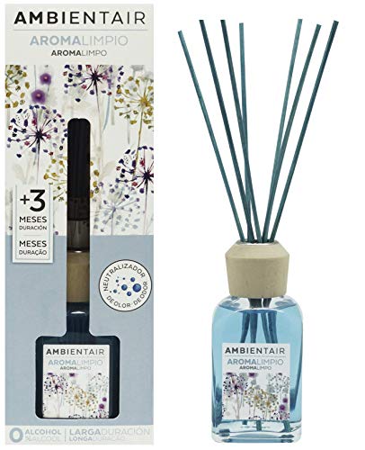 Ambientair. Difusor de Varillas perfumadas. Ambientador Mikado Aroma Limpio, difusor con palitos de ratán. El Mejor ambientador sin Alcohol para casa. Ambientador para la Cocina y baño.