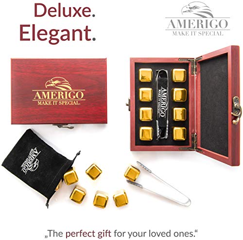 Amerigo Oro Piedras Whisky Set de Regalo de Acero Inoxidable - Regalos Originales para Hombre - Whisky Stones Gift Set - 8 Cubitos de Hielo Reutilizables para Whiskey - Hielos Reutilizables