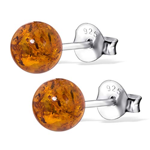 ANDANTE Premium Collection Pendientes de ámbar auténtico del mar Báltico, en plata de ley 925, diseño de bolas, certificados, oro del mar, color coñac