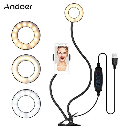 Andoer Mini Luz de Anillo LED 3.5", 3 Colores 10 Brillos Regulables, diseño de Brazo Flexible, con Soporte para cámara Web para Selfie, Maquillaje, Youtube, TIK Tok