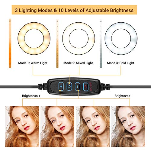 Andoer Mini Luz de Anillo LED 3.5", 3 Colores 10 Brillos Regulables, diseño de Brazo Flexible, con Soporte para cámara Web para Selfie, Maquillaje, Youtube, TIK Tok