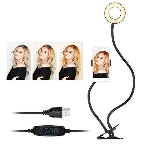 Andoer Mini Luz de Anillo LED 3.5", 3 Colores 10 Brillos Regulables, diseño de Brazo Flexible, con Soporte para cámara Web para Selfie, Maquillaje, Youtube, TIK Tok