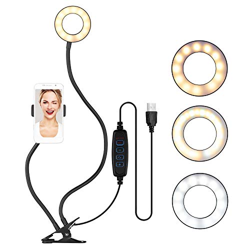 Andoer Mini Luz de Anillo LED 3.5", 3 Colores 10 Brillos Regulables, diseño de Brazo Flexible, con Soporte para cámara Web para Selfie, Maquillaje, Youtube, TIK Tok