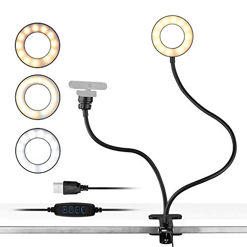 Andoer Mini Luz de Anillo LED 3.5", 3 Colores 10 Brillos Regulables, diseño de Brazo Flexible, con Soporte para cámara Web para Selfie, Maquillaje, Youtube, TIK Tok