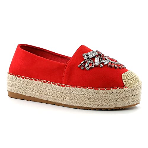 Angkorly - Zapatillas Moda Alpargata Bohemia romántico Plataforma Mujer Joyas Trenzado Plataforma 4.5 CM - Rojo 9 L905 T 39