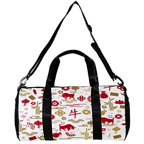 Anmarco Bolsa de viaje para mujeres y hombres, traducción china Bull Bamboo Fan Sports Gym Tote Bag Fin de semana de viaje al aire libre Bolsa de equipaje