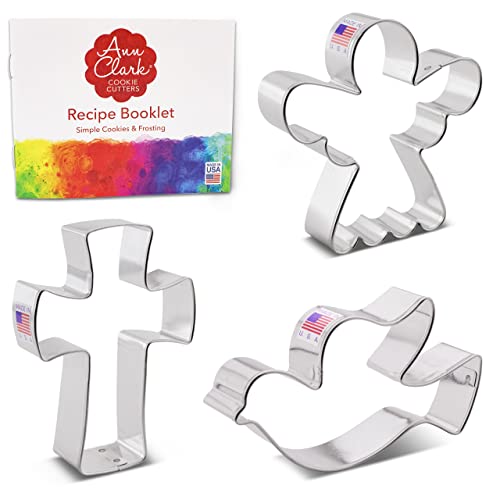 Ann Clark Cookie Cutters Juego de 3 cortadores de galletas Navidad religiosa con libro de recetas, ángel, cruz y paloma