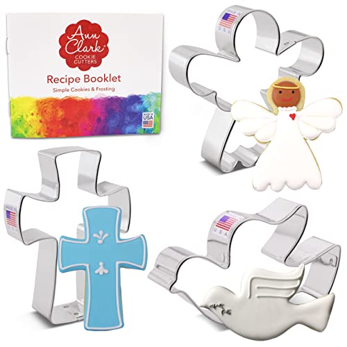 Ann Clark Cookie Cutters Juego de 3 cortadores de galletas Navidad religiosa con libro de recetas, ángel, cruz y paloma