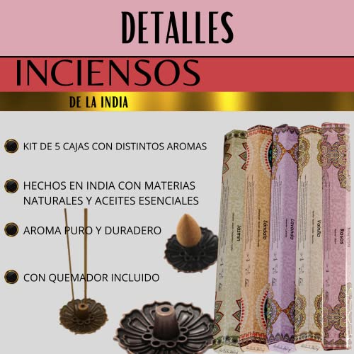 ARN Zen -Kit Incienso 5 Cajas Pack, mas Soporte Quemador Incluido- Inciensos Natural con aceites Esenciales de Lavanda-Sandalo-Jazmin-Rosas-Vainilla. Inciensos de la India