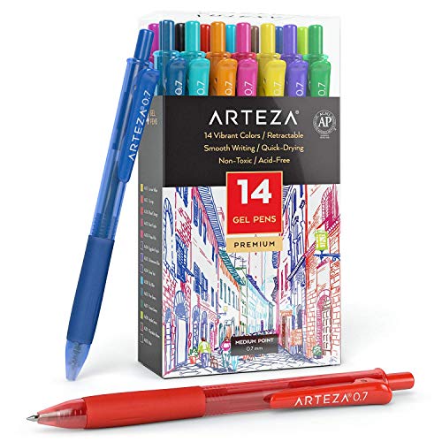 Arteza Bolígrafos de gel de colores, paquete de 14 tonos vivos diferentes, punta fina de 0.7 mm, 14 plumas de gel para escribir en tu diario, dibujar, hacer garabatos y tomar notas