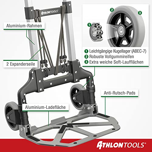 ATHLON TOOLS Carretilla plegable de aluminio | 70 kg Carga max | Carretilla de mano con ruedas con bandas de rodadura suaves | zona de carga con almohadillas antideslizantes