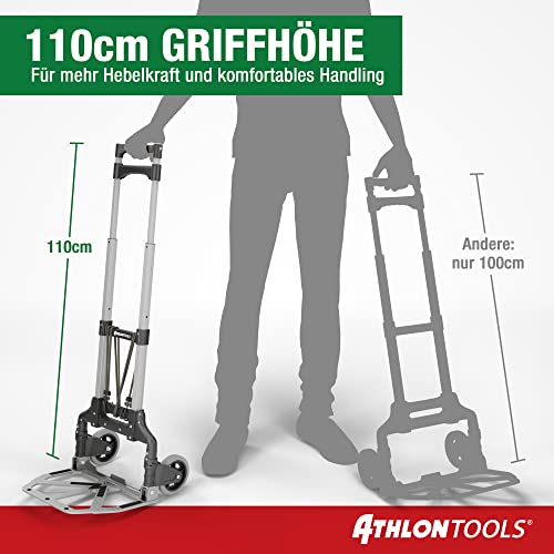 ATHLON TOOLS Carretilla plegable de aluminio | 70 kg Carga max | Carretilla de mano con ruedas con bandas de rodadura suaves | zona de carga con almohadillas antideslizantes