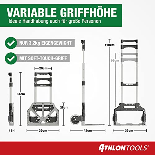 ATHLON TOOLS Carretilla plegable de aluminio | 70 kg Carga max | Carretilla de mano con ruedas con bandas de rodadura suaves | zona de carga con almohadillas antideslizantes