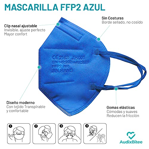 Audix Bitee 20 Mascarillas FFP2 – Color Azul - Homologada CE2163 - Envuelta Individualmente - Paquete 20 unidades