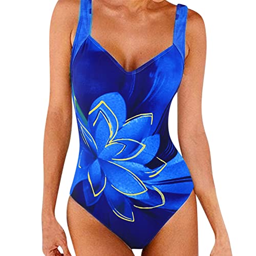 Auenix Traje de baño de mujer con estampado de hoja, de verano con diseño de hojas, color azul, verde, M, L, XL, XXL, 01-azul, S