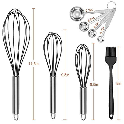 Aukiita Batidor de Cocina Manual, 3 Piezas Varillas Silicona con Mango de Acero Inoxidable para Mezclar Huevos Masa Crema, Batidor Globo con Cucharas Medidoras y Cepillo Pastelería