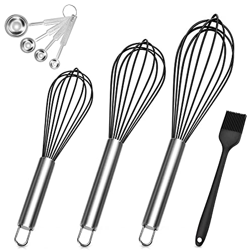 Aukiita Batidor de Cocina Manual, 3 Piezas Varillas Silicona con Mango de Acero Inoxidable para Mezclar Huevos Masa Crema, Batidor Globo con Cucharas Medidoras y Cepillo Pastelería