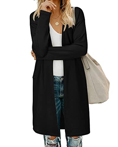 AUSELILY Mujer Cárdigans Largos con Bolsillos Jersey Ligero de Punto con Frente Abierto Suéter de Manga Larga Elegante para el Invierno(Negro,3XL)