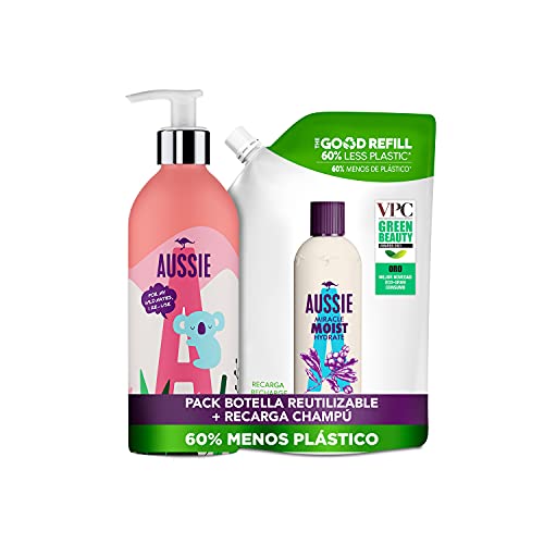 Aussie - Miracle moist kit básico de champú rellenable, botella rellenable y bolsa de recarga, para pelo seco y dañado, 1 kit