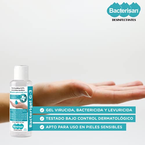 BACTERISAN Bacterigel G-3 60Ml, PACK DE 4 unidades, Gel De Manos Desinfectante Autosecante, Antiséptico Para La Piel Sana, Testado Dermatológico Y Pediátrico, Tamaño Bolsillo, Transparente, 4 x 60 ml