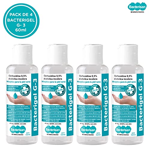 BACTERISAN Bacterigel G-3 60Ml, PACK DE 4 unidades, Gel De Manos Desinfectante Autosecante, Antiséptico Para La Piel Sana, Testado Dermatológico Y Pediátrico, Tamaño Bolsillo, Transparente, 4 x 60 ml