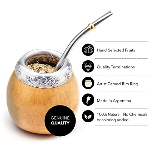 Balibetov Juego de 2 Mate de Calabaza y 1 Pack de 100gr de Yerba Mate – Mate Argentino – 2 Mate, 2 Bombillas, 1 Cepillo de Limpieza, 1 Bolsa Yerba Mate (Marron Oscuro - Natural)