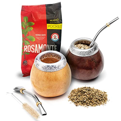 Balibetov Juego de 2 Mate de Calabaza y 1 Pack de 100gr de Yerba Mate – Mate Argentino – 2 Mate, 2 Bombillas, 1 Cepillo de Limpieza, 1 Bolsa Yerba Mate (Marron Oscuro - Natural)