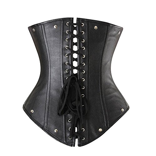 Beauty-You Mujeres Sexy Faux Leather Lace Up Cierre Corset Open Bust Goth Bustier con tanga, 9 Dimensiones Negro XL