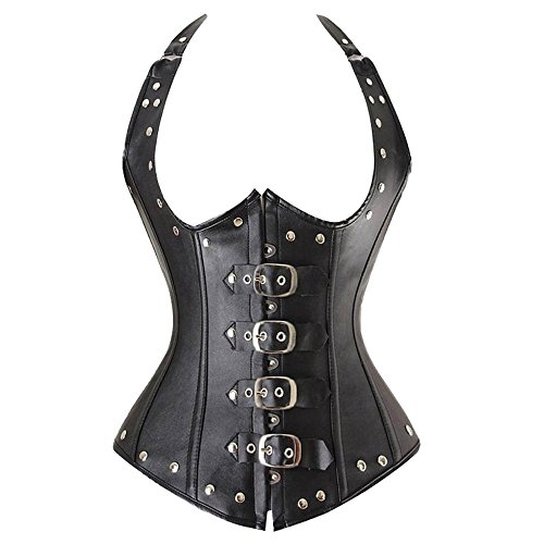 Beauty-You Mujeres Sexy Faux Leather Lace Up Cierre Corset Open Bust Goth Bustier con tanga, 9 Dimensiones Negro XL