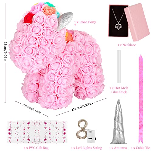 Becoyou Rose Poni Artificiales Eternal Rose Foam Flower Poni con Luces Collar de Cadena Joyero para el día de San Valentín Aniversario Boda Cumpleaños Mujeres Niñas Niños Regalos Regalo Muñeca