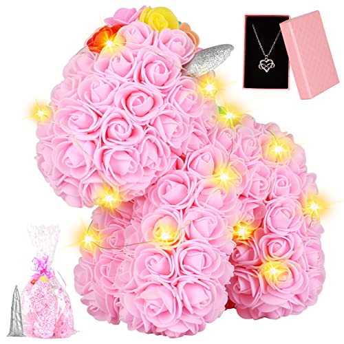 Becoyou Rose Poni Artificiales Eternal Rose Foam Flower Poni con Luces Collar de Cadena Joyero para el día de San Valentín Aniversario Boda Cumpleaños Mujeres Niñas Niños Regalos Regalo Muñeca