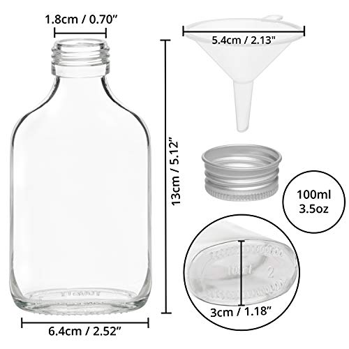 Belle Vous Mini Botellas de Cristal 100 ml Petaca con Tapa Plateada y Embudo (Pack de 20) Pack Botellas Vacías para Bodas y Fiestas – Alcohol, Schnapps, Whisky, Tragos y Bebidas Espirituosas