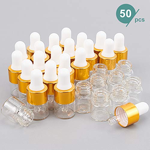 BENECREAT 50 Pack 1ml Frascos de Vidrio Transparente con Pipetas Mini Frascos Cuentagotas Vacíos de Vidrio con Pipetas, Embudo, Paño de Pulido para Perfumes de Aceites Esenciales