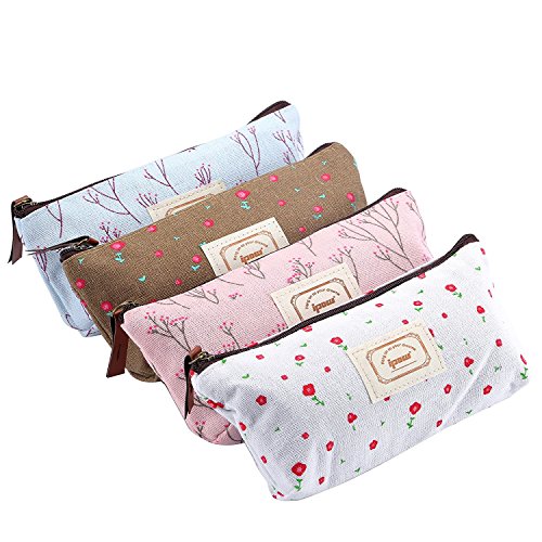 BIGBOBA 4pcs Pencil Case Cute Floral Lienzo lápiz Bolsa Oficina en casa Escuela papelería para Estudiantes